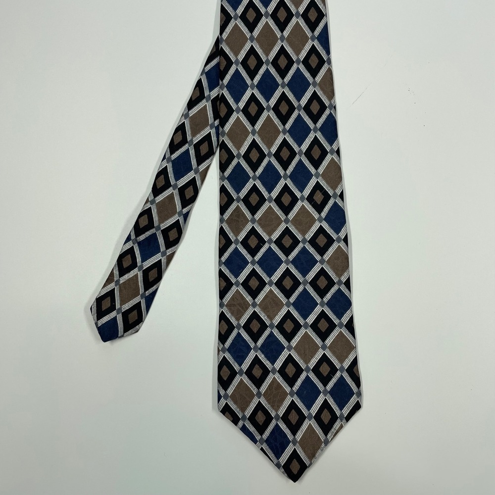 Domani Navy Brown Geometric Diamond 100% Italian Silk Necktie Mens One Size